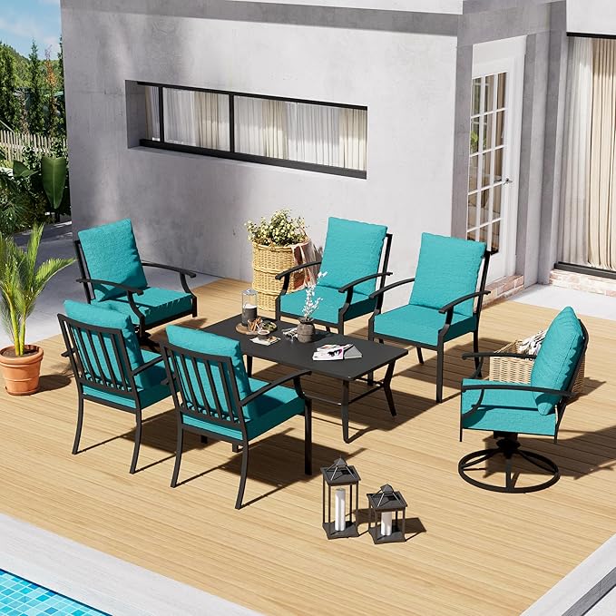7-Piece Patio Conversation Set, Patio Furniture Set with 4 Stationary & 2 Swivel Chairs with Thick Cushions & a Rectangular All-Iron Coffee Table, Metal Patio Seating Set for lawns, Patio,Blue