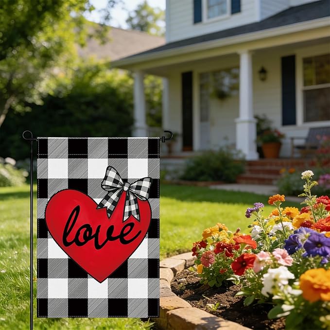 pretty_jessie Valentines Day Garden Flag 12x18 Inch Double Sided, Buffalo Plaid Love Hearts Burlap Yard Flag Anniversary Patio, Porch, Backyard Outdoor Decorations