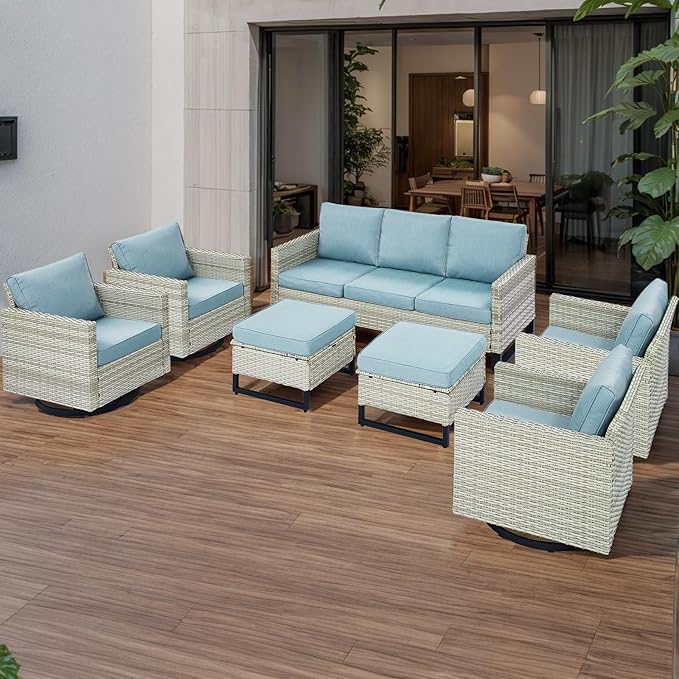 Rilyson Wicker Outdoor Patio Furniture Set - 7 Piece Patio Conversation Set with 4 Swivel Rocker Chairs,2 Rattan Ottoman and 1 Couch for Outside Porch Deck Backyard(Light Grey/Sky Blue)