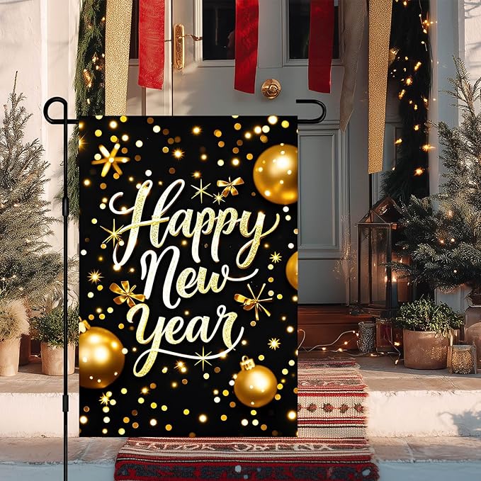 Happy New Year Garden Flag 12x18 Inch Gold Glitter Winter Holiday Yard Decor Seasonal Welcome Banner Outdoor Christmas Lawn Sign Double Sided Polyester For Girls or boys gifts