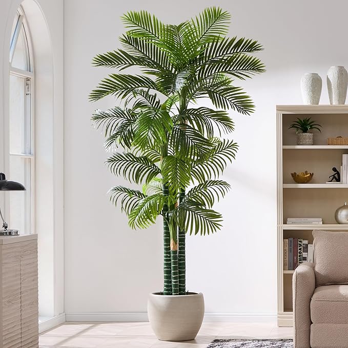 8.5FT Tall Golden Cane Palm Tree with 4 Trunks (1 Pack), Extra Lush Large Faux Plants, UV Resistant Indoor/Outdoor Fake Plant in Heavy Cement Pot - Realistic Tropical Decor for Patio, Home, Office