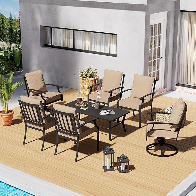 7-Piece Patio Conversation Set, Patio Furniture Set with 4 Stationary & 2 Swivel Chairs with Thick Cushions & a Rectangular All-Iron Coffee Table, Metal Patio Seating Set for lawns, Patio,Sand