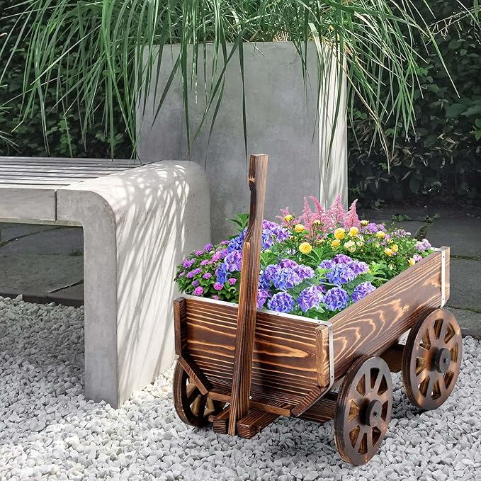 Wooden Wagon Flower Planter Cart Garden Planter Box with Wagon Wheels Cart for Home Garden Outdoor Balcony Decorative, Patio Flowers Herbs Vegetables, Brown 34 x 23.5(Small Classic)