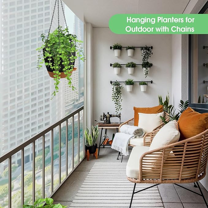 Vanslogreen Hanging Planters for Indoor Outdoor Plants, 2 Pack Self Watering Hanging Pots, Hanging Plant Baskets with Drainage Holes & 2 Types of Plant Hangers (Black, 6'')