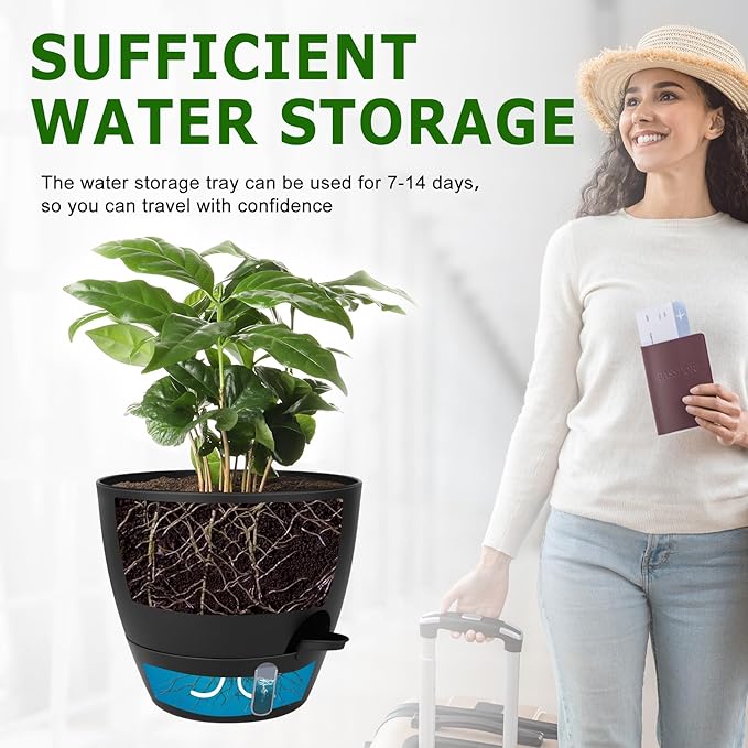 Self-Watering Plant Pots with Water Level Indicator, Drainage Holes & Saucers โ 12/10/9 Inch Large Plastic Planter Set for Indoor & Outdoor Plants (Pure Black)