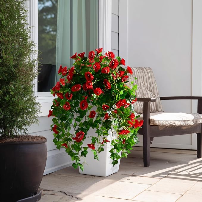 Morning Glory Artificial Hanging Flowers for Outdoors 3 Pcs Fake Petunias Flower Faux Silk Long Trailing Vines Realistic Flower for Front Door Porch Patio Balcony Garden Yard Decor (3 Pcs Red)