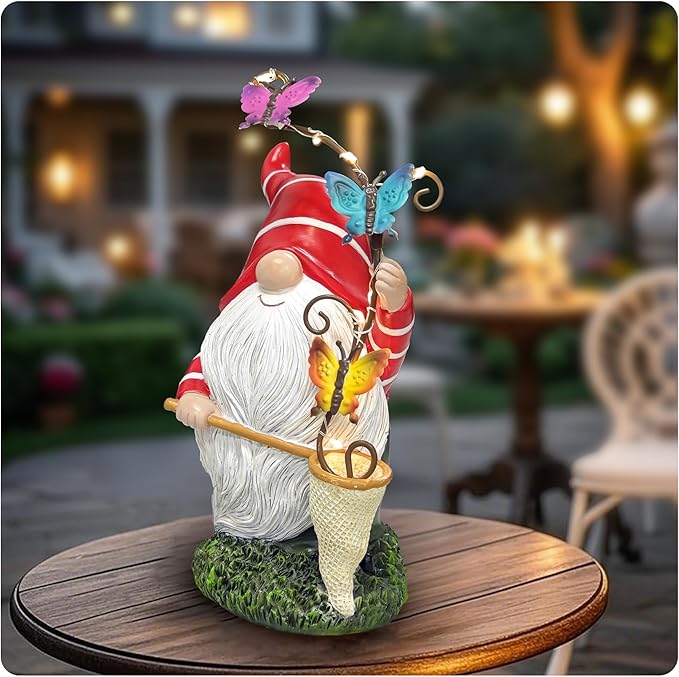 Solar Powered Gnome Garden Statue with Iron Butterflies - LED Lighted Garden Decorations, Resin Gnome with Butterfly Net, Gifts for Women and Men,Outdoor Decor Ornaments for Outside