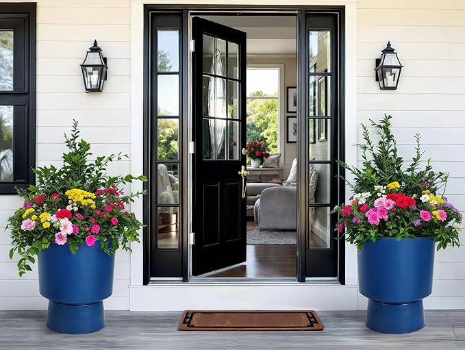 Ultym 16.8" 2-Pack Urn Planters for Outdoor Indoor Plants, Modern 2-in-1 Large Flower Pots with Detachable Base, Drainage Holes, Weather-Resistant for Garden Patio Home Office Decor, Brushed Blue