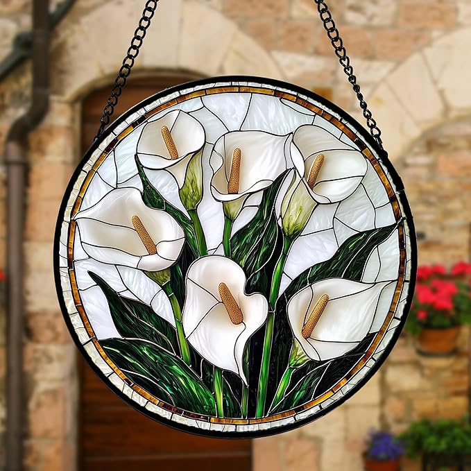 DASTOLL Stained Glass Window Hanging, White Calla Lily Flowers Sun Catchers Glass Panel Plant Suncatcher Decor for Birthday for Women, Men, Wife, Aunt, and Mom 6.3 in