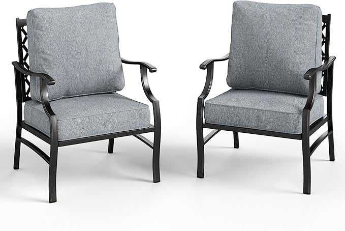 Patio Chairs Set of 2, High Back Outdoor Patio Metal Leg Chairs with 5.75" Thick Cushions for Bistro Balcony Porch Deck and Yard, Grey