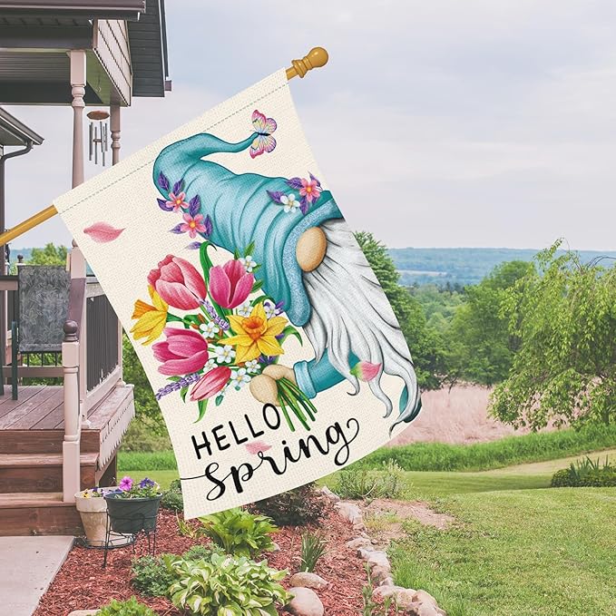 Hello Spring Gnome Garden Flag 28x40 Double Sided Burlap Butterfly Floral Yard Banner for Summer Rustic Seasonal Outside Outdoor House Decoration (ONLY FLAG)