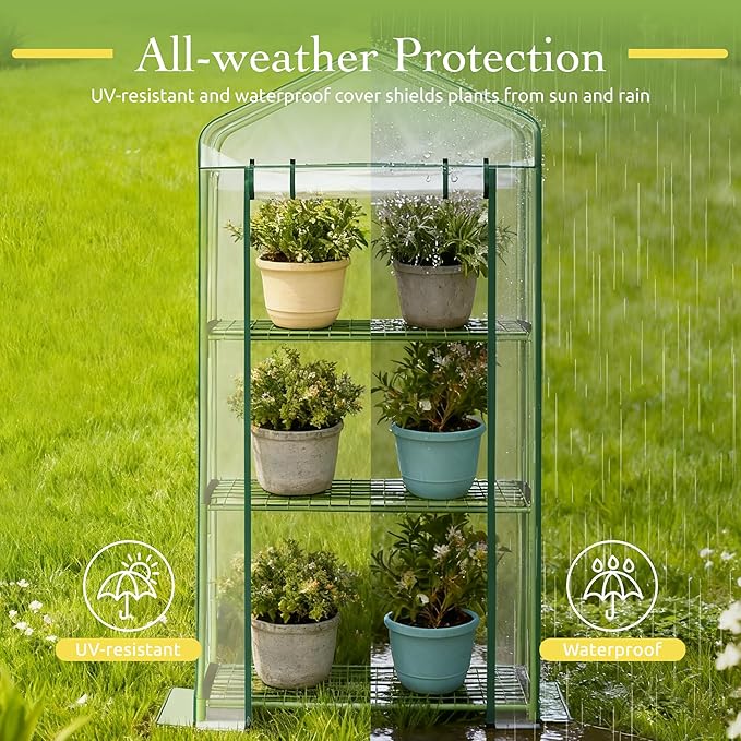 Mini Greenhouse for Outdoor Indoor, 3 Tier Shelves Small Green House for Winter, Portable Greenhouses with PE-Coated Metal Frame Heavy Duty PVC Cover, Plant Rack Stand House 2.3x1.6x4.2ft