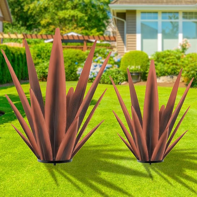 TOMBABY Enlarge Metal Plants Tequila Rustic Sculpture, Outdoor Patio Yard, Home Decor Hand Painted Agave Garden Statue, Outdoor Lawn Ornaments Yard Stakes for Mom Gift (1 Large coppery)