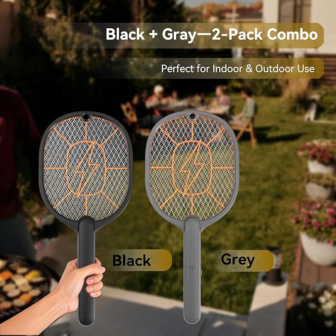 2-Pack Electric Fly Swatter – Battery Powered Mosquito & Bug Zapper Racket with Safe Mesh & Wall-Mount Design for Indoor and Outdoor Use (Black & Gray)
