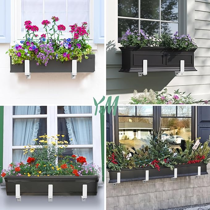 Y&M 4 PCS Adjustable Window Box Brackets for Planter Box, Heavy Duty Wall Mounted Hooks Hangers for Flower Baskets Holder Durable