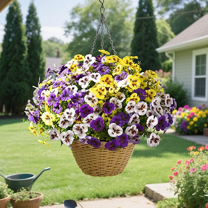Waipfaru 20 Bundles Artificial Pansy Flowers for Outdoor, UV Resistant Faux Silk Flowers for Outdoor Planters Front Door Porch Yard Patio Window Box Home Decor (Purple, Yellow, White)