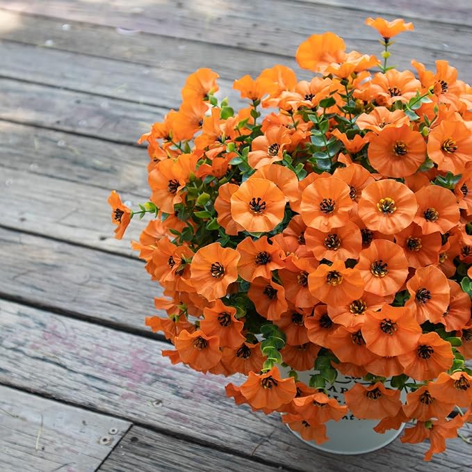 VDVST Fall Artificial Flowers for Outdoors,UV Resistant Fall Flowers Outdoor,Not-Fading Faux Fall Flowers for Outdoor Planters Front Door Porch Yard Patio Garden Home Decor,12 Bundles (Orange)