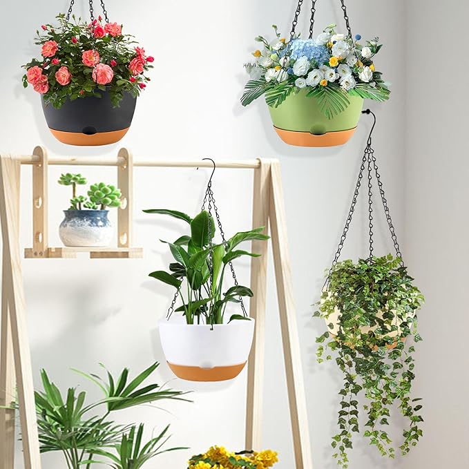 KPUVX 10 inch Plant Pot Hanging Planters Self Watering Pots for Indoor Plants, 3 Pack Plastic Hanging Basket with Removable Tray for Home Garden Porch Balcony Patio Decor(Black)