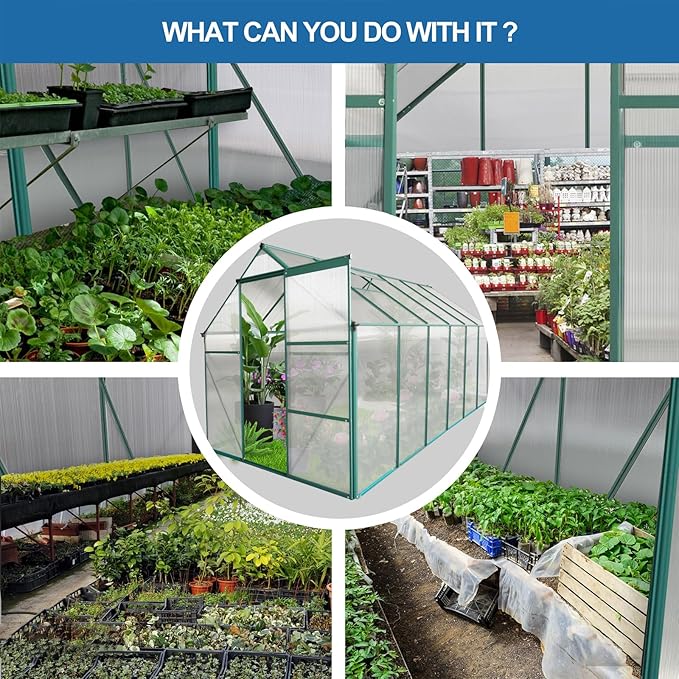6×12 FT Polycarbonate Greenhouse for Outdoors, Large Walk-in Aluminum Green House Kit with Raised Base, Anchor, Sliding Door & Roof Vent, Heavy-Duty Outdoor Winter Greenhouse, Green