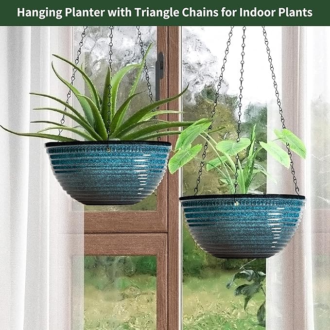 LESOASIS 12 inch Large Hanging Planters for Indoor Outdoor Plants, Set of 2 Glazed Hanging Flower Pots with Drainage Hole, Hanging Baskets for Garden Home Porch Decor