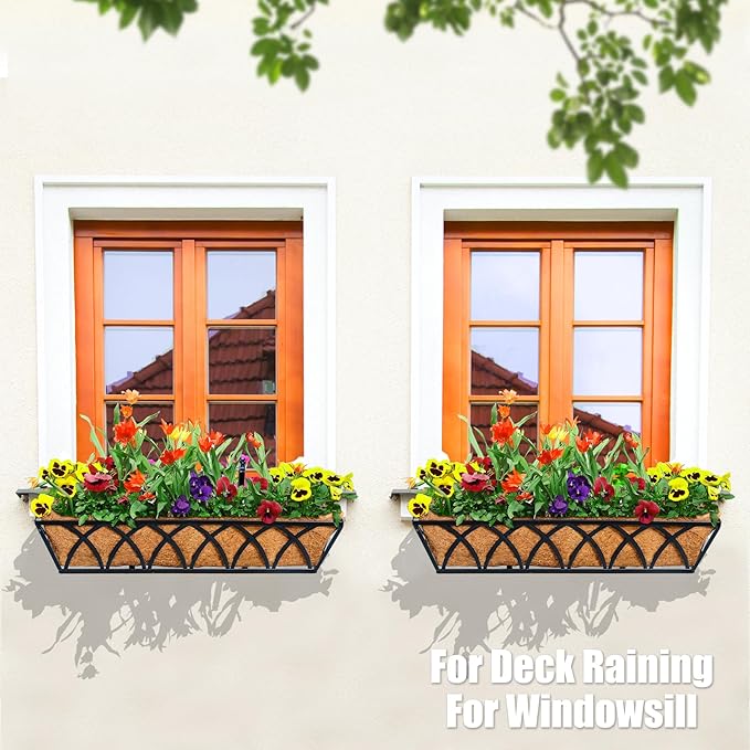 Y&M 24 Inch Fence Metal Hanging Flower Planter Window Basket Deck Railing Planter Boxes for Outdoor Garden Lawn, Window Deck with Coco Liner,6pcs
