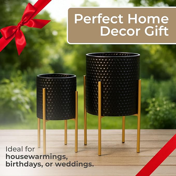 Decorative Flower Pots with Metal Stand for Home Decor - Modern Planters for Hallway, Entryway, and Living Room Decor - Indoor and Outdoor Pots for Plants - Set of 2, 23", 19", Black & Gold