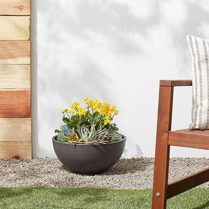 PSW Pot Collection 15x8 inch Plastic/Stone/Wood Composite Square Planter – No Drainage Hole (Drillable), Simplicity Bowl, Dark Charcoal