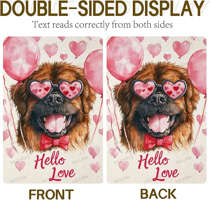 Valentine's Day Tibetan Mastiff Hello Love Garden Flag, House Yard Plaid Love Heart Outside Decoration, Spring Holiday Wedding Anniversary Outdoor Small Decor 12x18(12649)