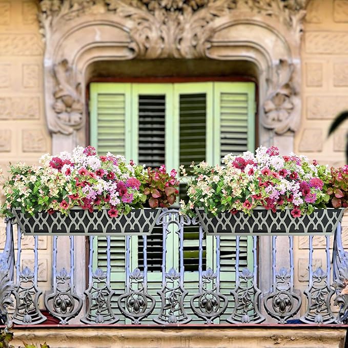 4 Pack 24 Inch Window Boxes Planters Railing Planter Box with Adjustable Brackets & Non-Woven Fabric Plant Grow Bags Deck Railing Planter Boxes Balcony Hanging Flower Box for Outdoor Plants