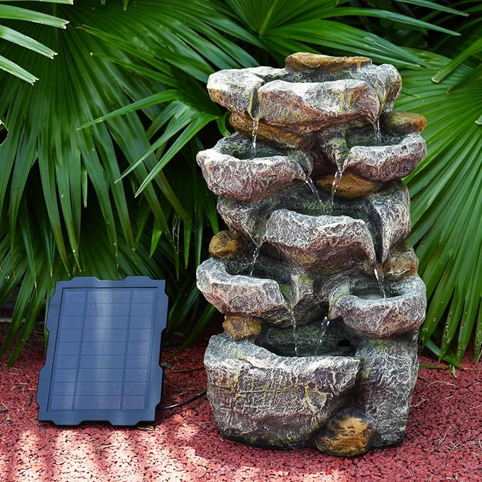Solar Water Fountain Outdoor Garden, 19.3 Inch Cascading Stone Design 5 Tier Rock Feature Outdoor Fountains Waterfalls with Light, Pump Solar Panel for Patio, Deck, Porch, Backyard Home Décor