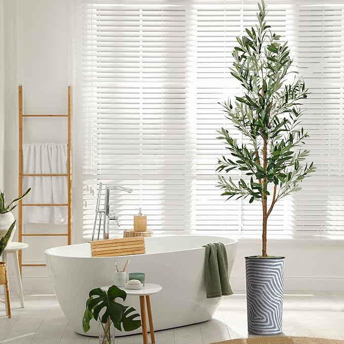 Artificial Tree in Contemporary Geometric Pattern Planter, Fake Olive Silk Tree for Indoor and Outdoor Home Decoration - 68" Overall Tall (Plant Pot Plus Tree)