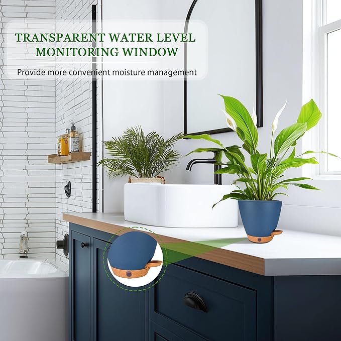 6 Inch Self Watering Pots for Indoor Plants (5-Pack) โ Small Plastic Planters with Water Window, Drainage Holes & Trays, Indoor Outdoor Flower Pots for Herbs, Succulents, Home Garden Decor (Navy Blue)