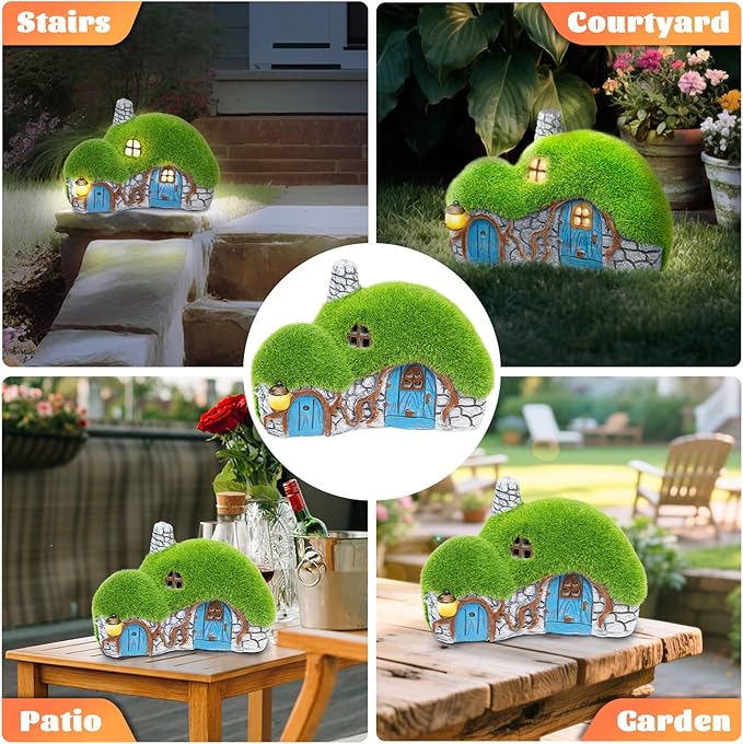 Darkdec Outdoor Figurine Lights Garden House Statue - Outdoor Statues with Solar Lights Garden Cottage Lighting Figurines for Home or Yard Decor