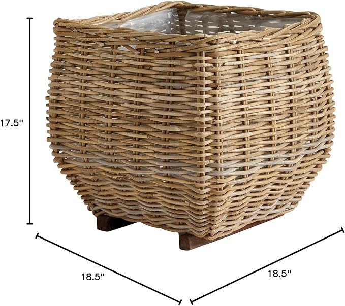 MY SWANKY HOME Elegant Curved Square Natural Rattan Planters with Liners Floor Baskets
