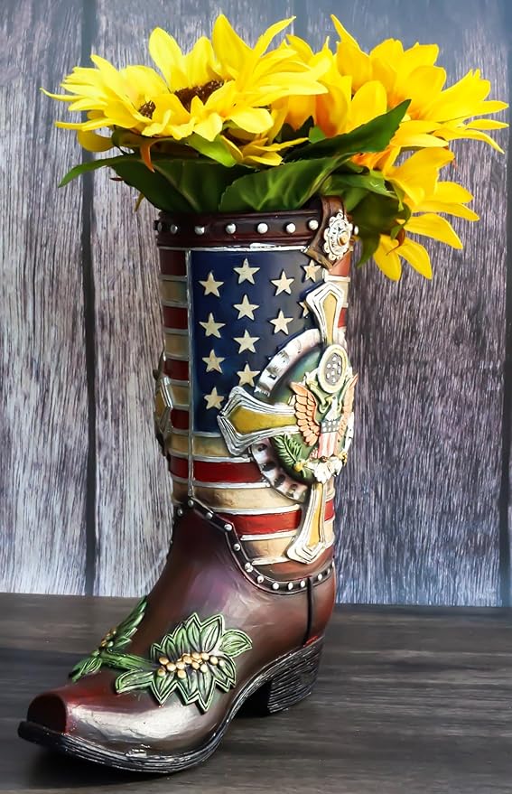 Ebros Gift Rustic Western Country USA American Flag Military Cross Olive Branch Cowboy Boot Decorative Flower Bouquet Vase Or Planter Figurine 9" High Southwestern Centerpiece