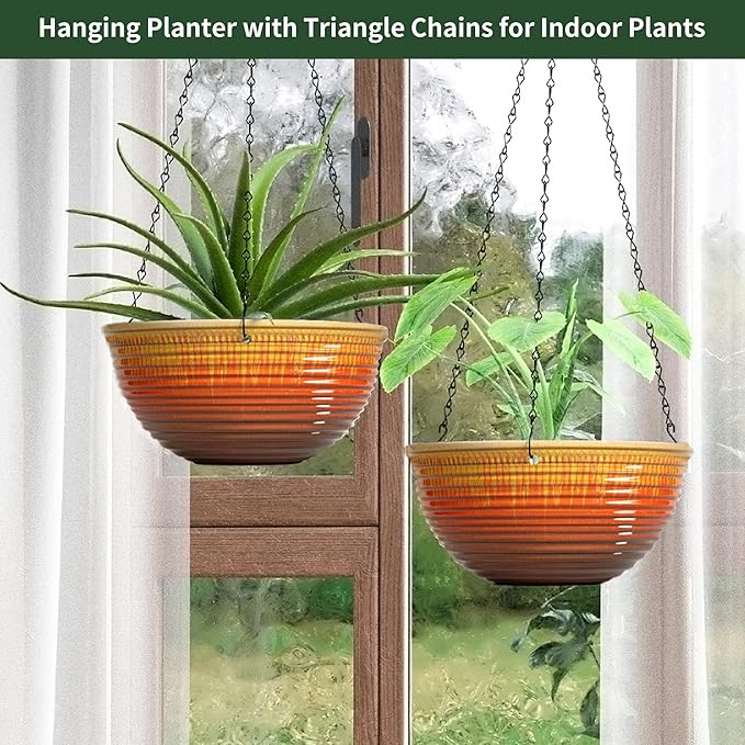 LESOASIS 12 inch Large Hanging Planters for Indoor Outdoor Plants, Set of 2 Glazed Hanging Flower Pots with Drainage Hole, Hanging Baskets for Garden Home Porch Decor