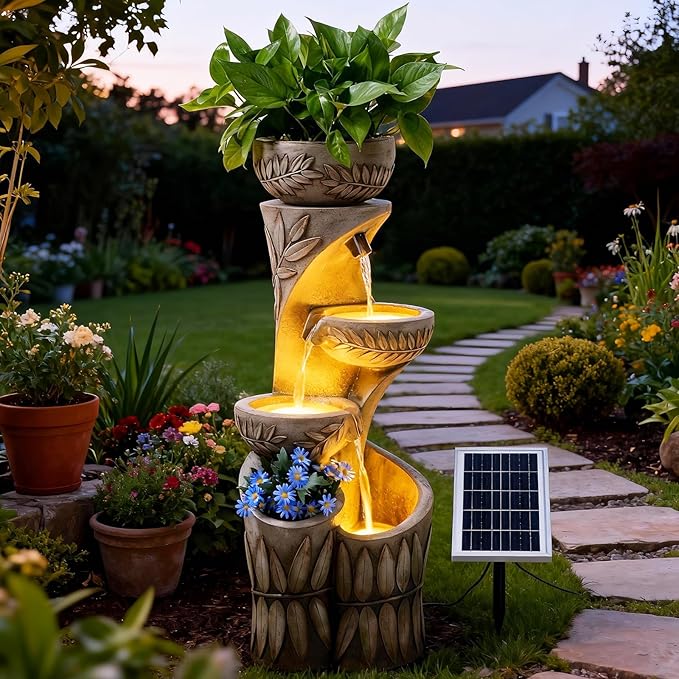 35.6" Solar Outdoor Water Fountain - Relief Leaf Design 4 Tiers Modern Cascading Bowls and Garden Fountains with Lights for Patio, Deck, Porch, Lawns, Backyard and Home Art Decor