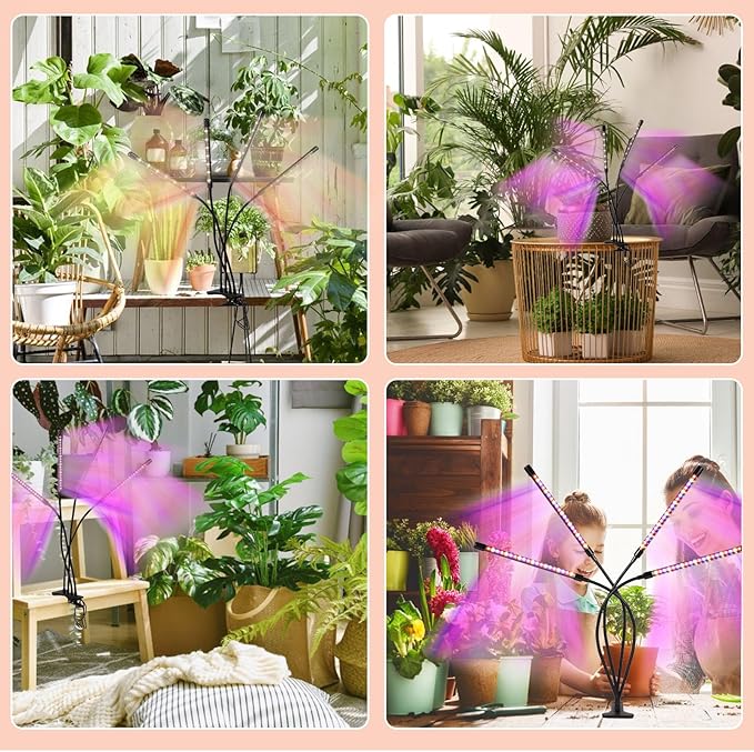 Grow Lights for Indoor Plants,80 LED Plant Lights with Full Spectrum & Red Blue Spectrum, 10 Dimmable Level, 3/9/12H Timer,3 Switch Modes, Adjustable Gooseneck,4 Heads Clip-On
