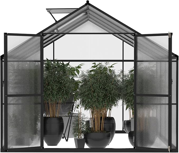 MUPATER 8 x 8 FT Outdoor Polycarbonate Greenhouse Kit with Sliding Lockable Door, Walk-in Backyard Green House with Aluminum Frame & Adjustable Roof Vent for Outdoor, Gray