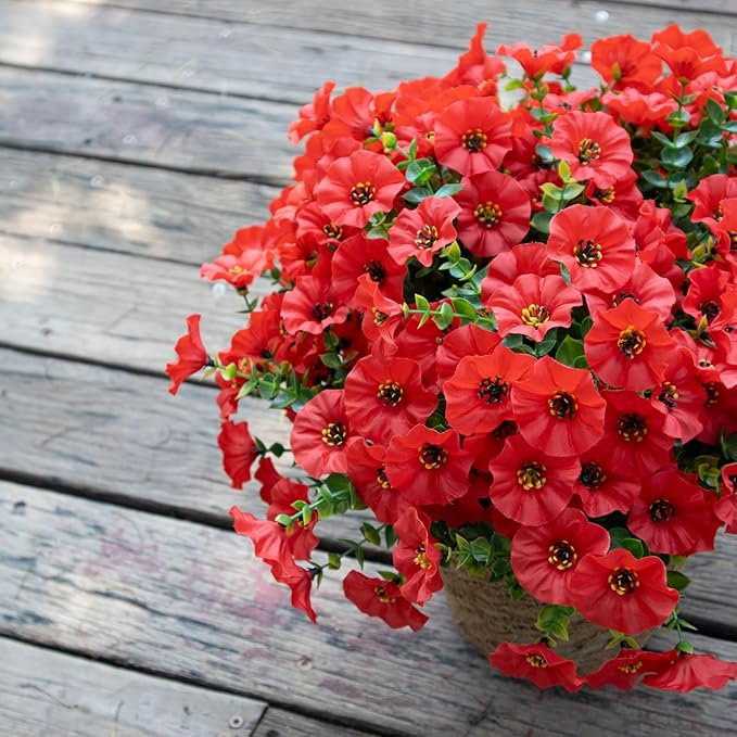 VDVST Artificial Flowers for Outdoors,UV Resistant Artificial Outdoor Flowers,Not-Fading Faux Flowers for Outdoor Planters for Front Door Porch Yard Patio Garden Home Decor,12 Bundles,Red