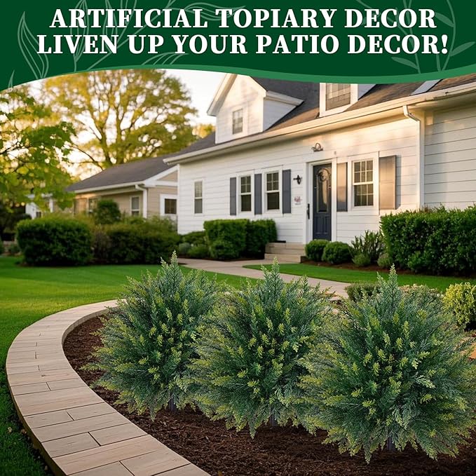 EverNature 2 Pack Artificial Cedar Topiary Trees with Ground Spike, Fake Pine Shrubs Bushes, UV Resistant Faux Evergreen Cypress Tree Plants for Indoor Outdoor Planters Front Porch