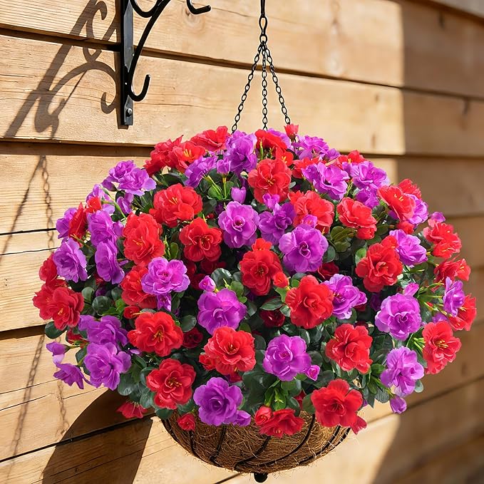 Artificial Fake Outdoor Flowers Plants, Faux Silk Camellia Bundles UV Resistant No Fade Realistic for Planter Pot Outside Porch Patio Balcony Garden Yard Home Decor, 3 Large Bundles (Red +Fuchsia)