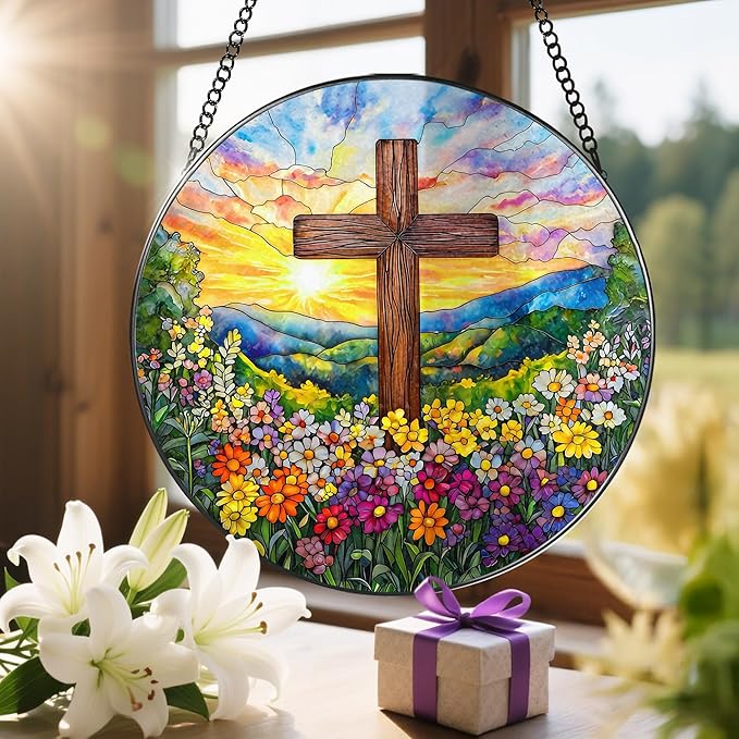 8'' Religious Cross Ornament, Stained Glass Window Hanging, Sun Catcher Window Decor, Christian Holiday Decor, Cross Gifts, Baptism Gifts, Religious Gift, Christian Gift