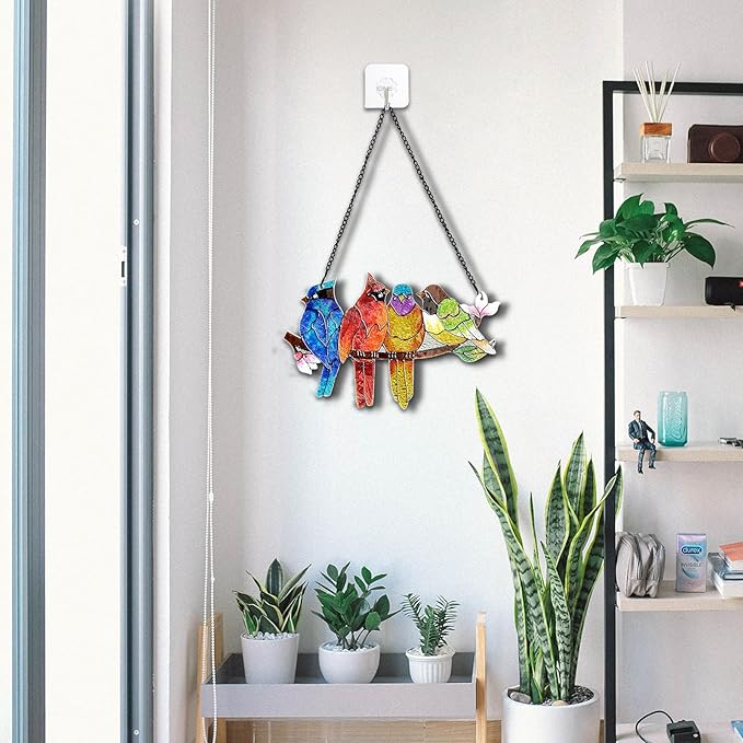 DASTOLL Stained Glass Window Hanging - Birds on A Branch Suncatcher for Window Doors Home Decoration, Valentine's Day Mother's Day Birthday Bird Lover Gifts for Women, Men, and Mom Grandma