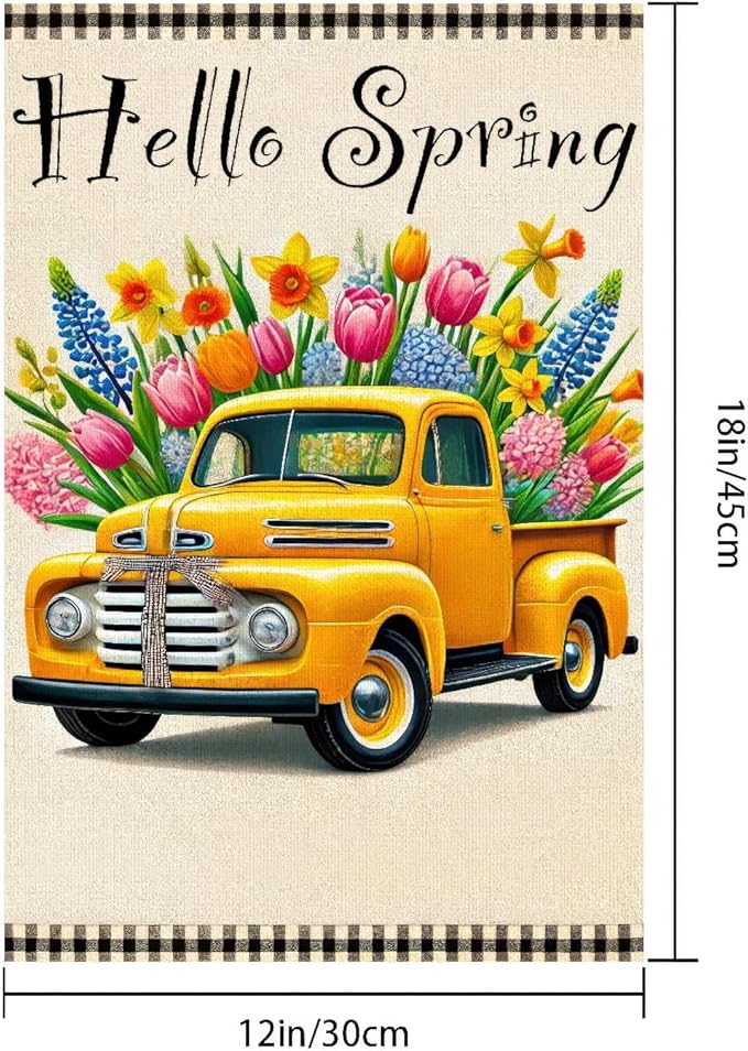 Hello Spring Garden Flag 12 x 18 Inch Double Sided Welcome Spring Flowers Truck Yard Flag Seasonal Outdoor Decor Home Party Porch Yard Farmhouse Holiday Outdoor Decor Flags