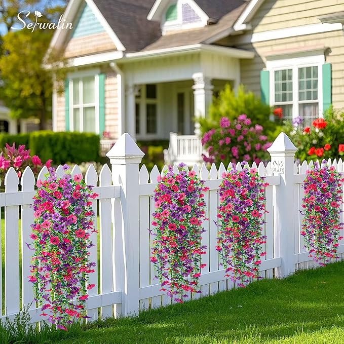 Serwalin 4PCS Artificial Hanging Flowers for Outdoors Summer Decoration, UV Resistant Fake Hanging Realistic Plants for Patio, Garden, Porch, Window, Outside (Purple&Rose Red,4PCS)