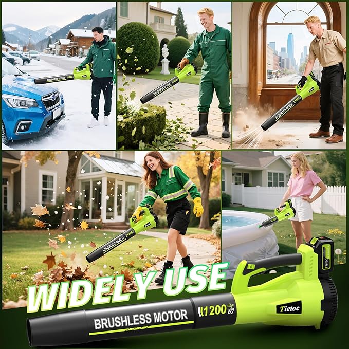 Tietoc Leaf Blower Cordless with 2×5.0Ah Battery and Fast Charger,1200W Handheld Blower for Lawn Care,6 Speed Powerful Electric Leaf Blower for Snow Removal,Patio,Dust,Car Blowing Water