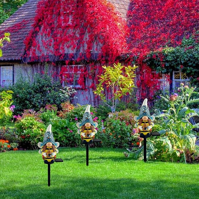 Solar Gnome Garden Lights, Outdoor Gnome Statue with Bees & Honey Jars, Solar Powered Fairy Garden Lights Gnome Decorations for Home Outside Yard Lawn Patio Gnomes Gifts (Bee)