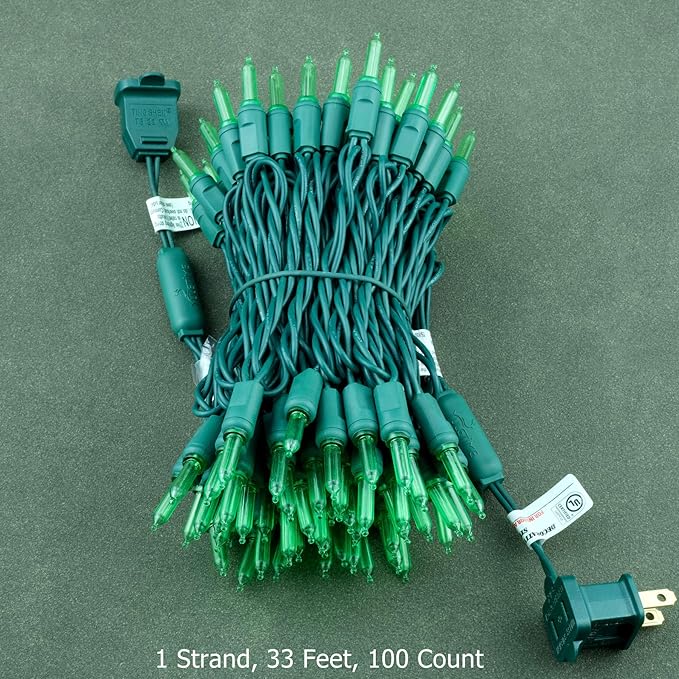 YULETIME 100 Green One-Piece T5 LED Christmas Lights, 33 ft High Waterproof UL Certified Green Wire String Lights (Green)