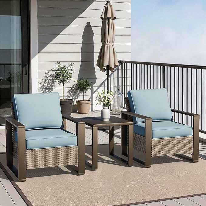 Joyside Outdoor Patio Chairs, 3 Pieces Wicker Rattan Furniture Set, 2 Patio Chairs and 1 Table, Metal Wide Armrest, Thick Cushions and Deep Seating for Garden, Backyard, Porch, Deck